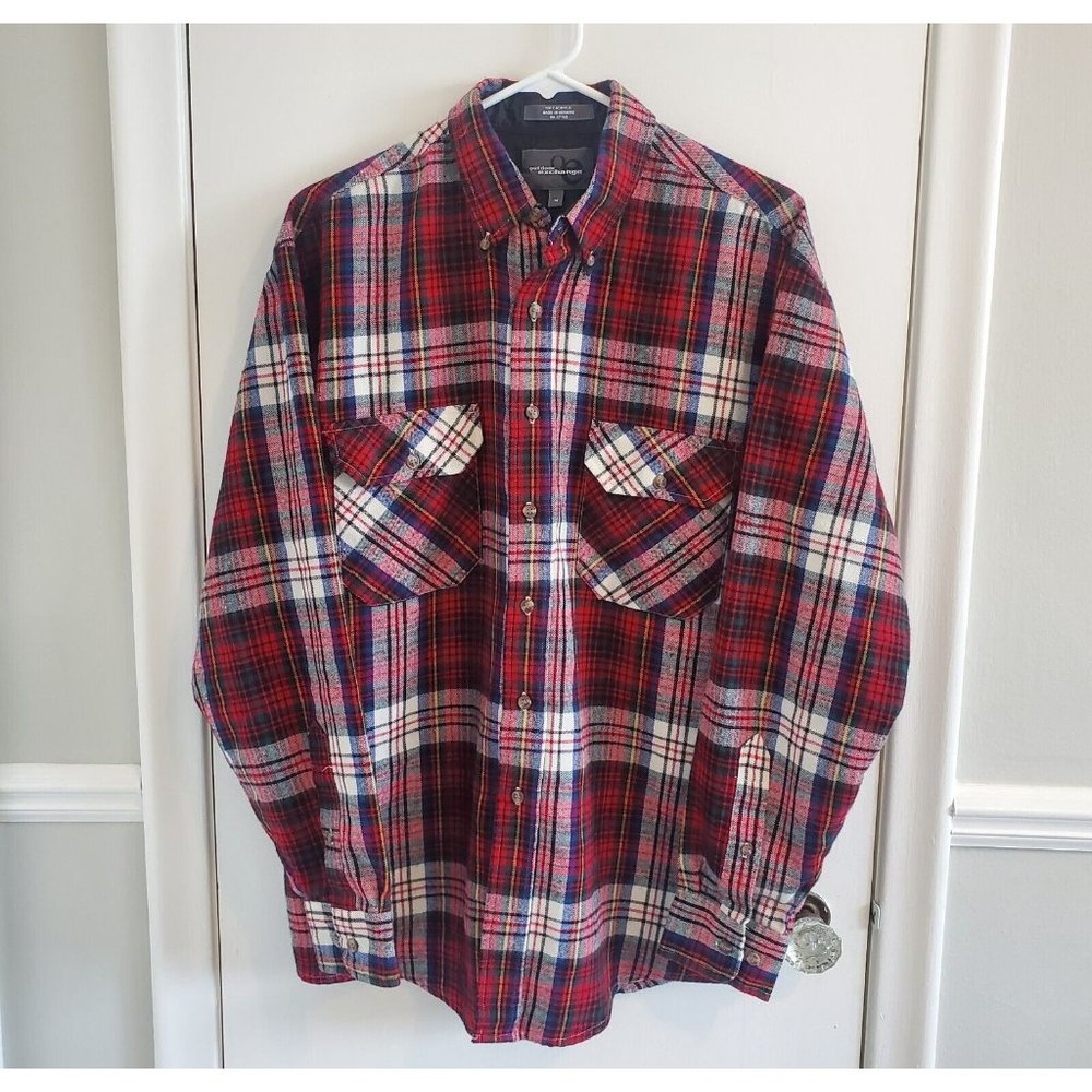Outdoor Exchange Men's Medium Flannel Shirt Red White Blue Yellow Plaid Button